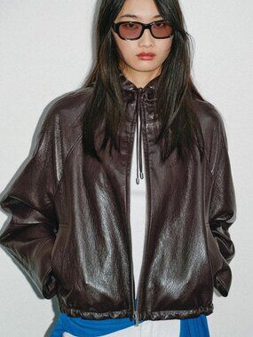 ZARA BROWN HOODED FAUX LEATHER JACKET